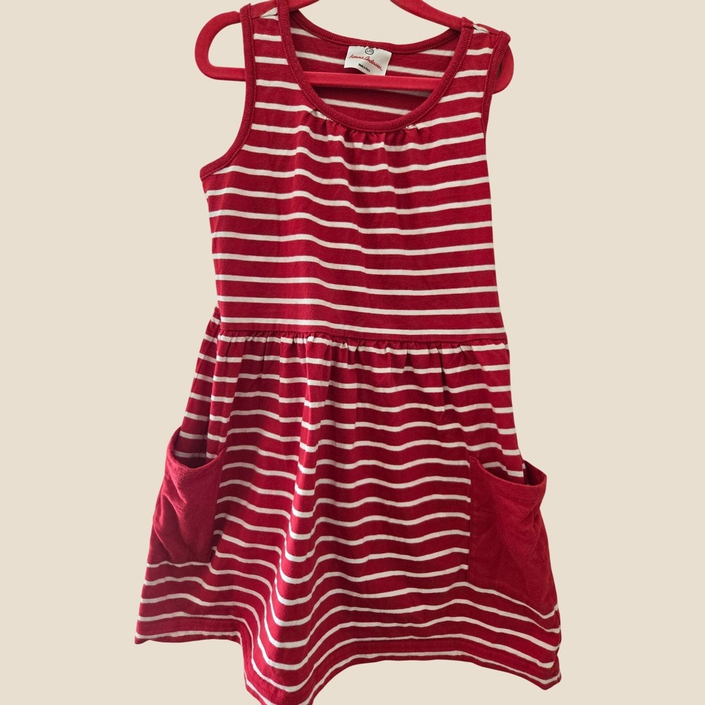 Hanna Andersson Kids Red White Striped Sleeveless Pocket Play Dress Size 120 7-8